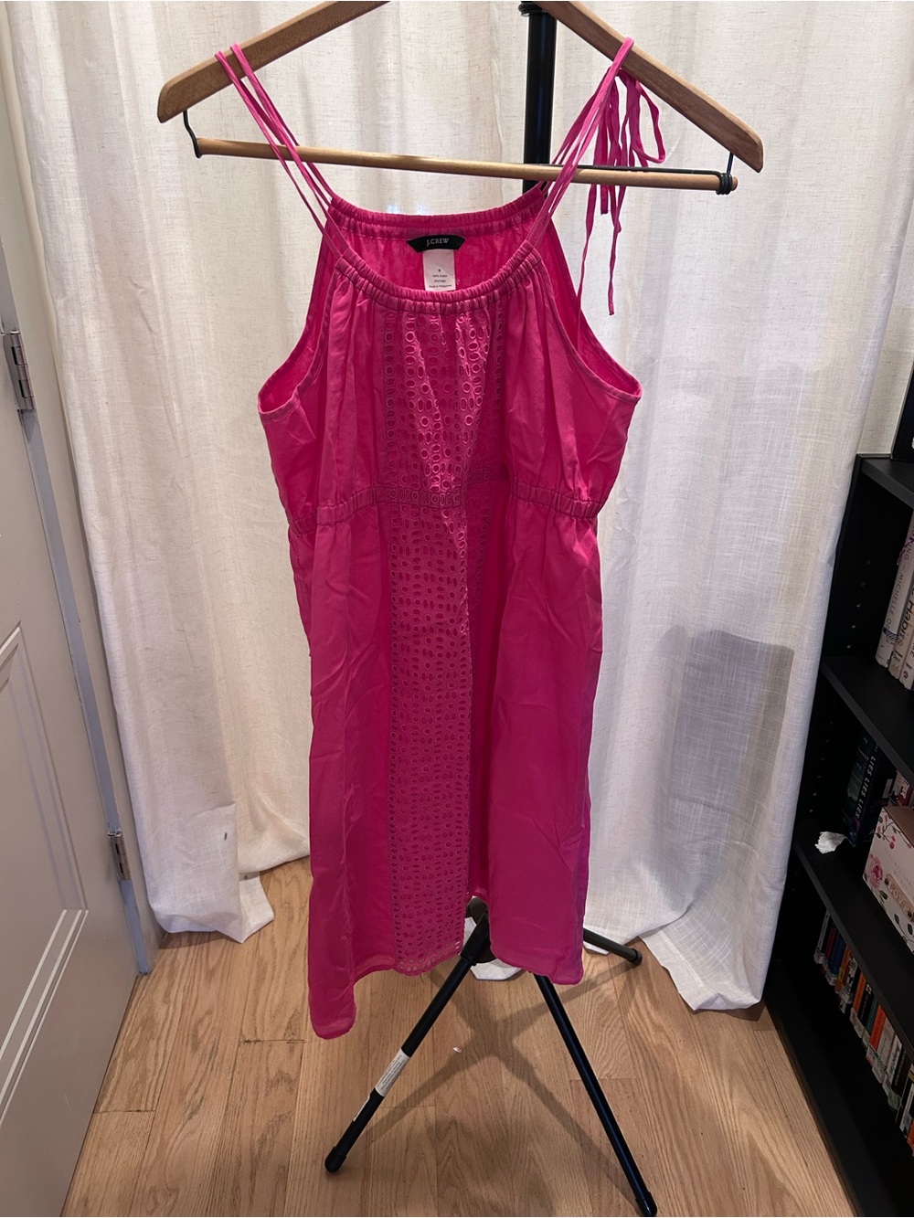 J. Crew Bright Pink Eyelet Midi Sundress with Tie Straps
